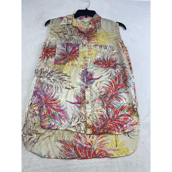 CAbi 100% Silk Sleeveless Blouse XS Feather Print Button Front High Low Hem - Picture 1 of 11